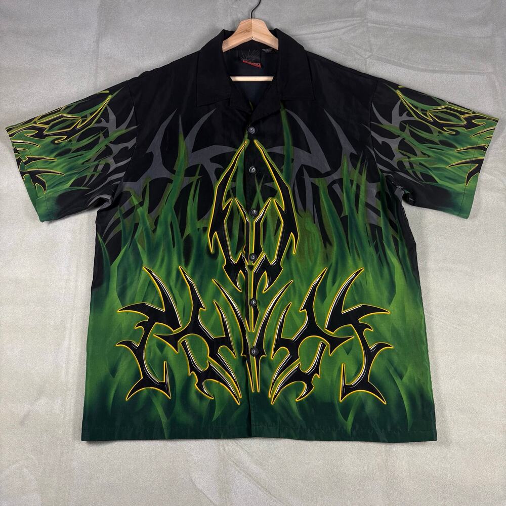 C-TWO Y2K Tribal Flame Button Up Shirt Mens XL Black Green Cyber Rave Festival